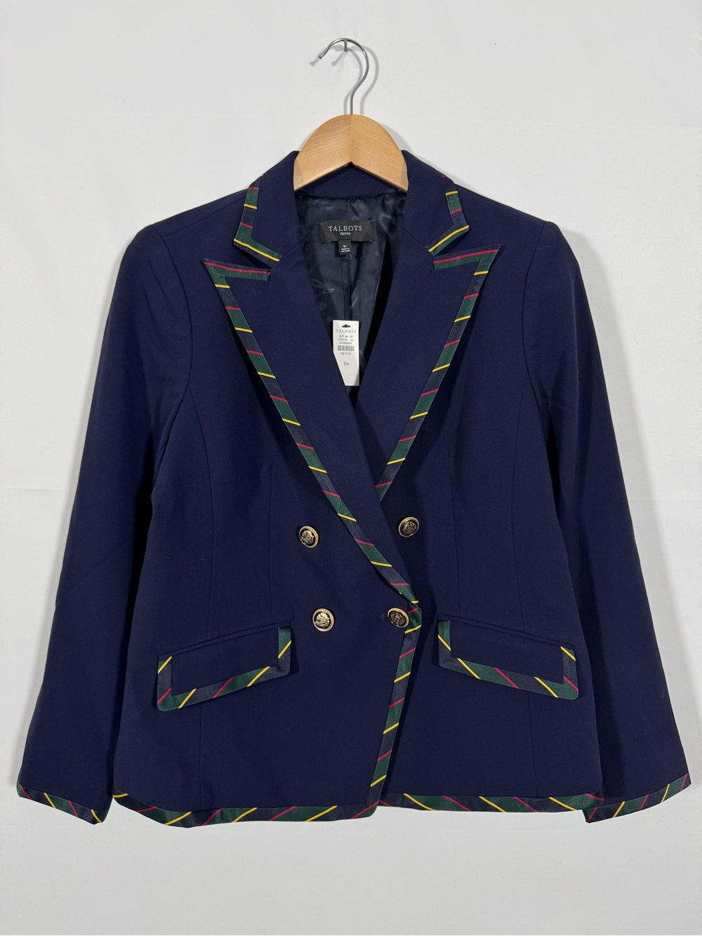 WBZ2 {Talbots} Petite Blue Academia Primary Color Trim Gold Crest Buttons Blazer